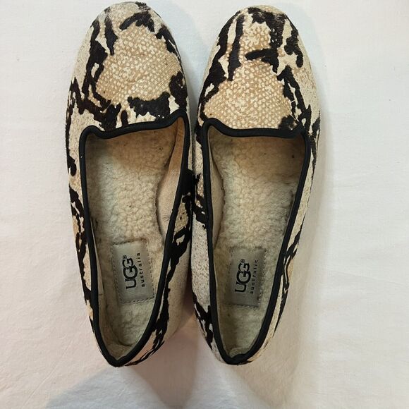 Ugg Ballet Lena Flats Slip On Size 6.5 Lamb Wool Leather Snake Print Cozy Trendy - Picture 1 of 11